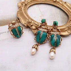 Marble Green Stones Insect Earrings Vintage Pendientes Personality New Retro Crystal Rhinestone Accessories