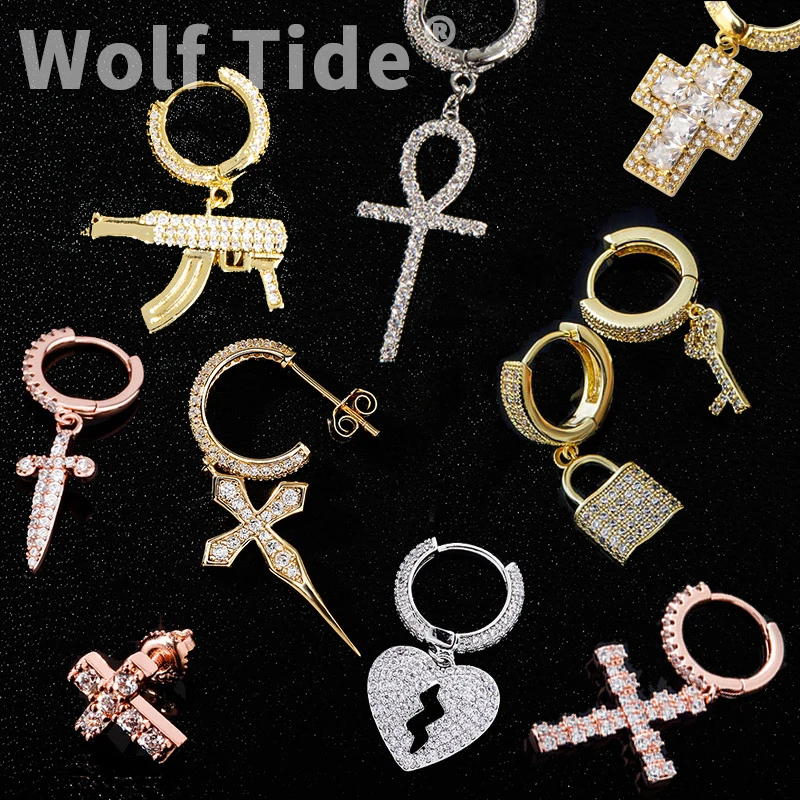 

Wolftide White Gold Bling CZ Stone Cubic Zirconia Cross Dangle Earrings for Men Women Hip Hop Iced Out Diamond Drop Ear Jewelry