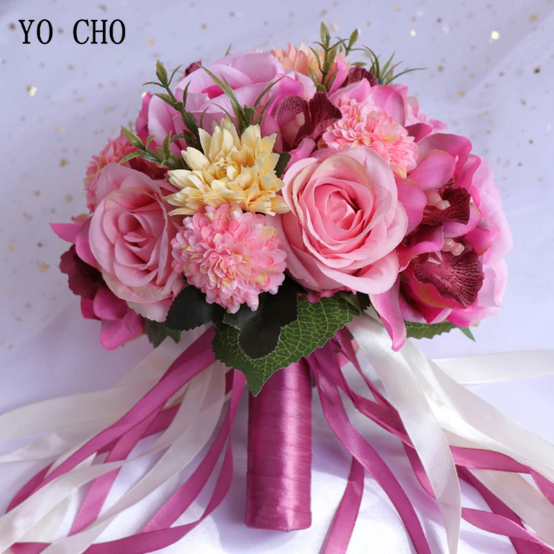 YO CHO Bridal Flower Bouquet Wedding Supplies Artificial Silk Rose Peony Flower Wedding Bouquet Dahlia Orchid Quality Bouquets