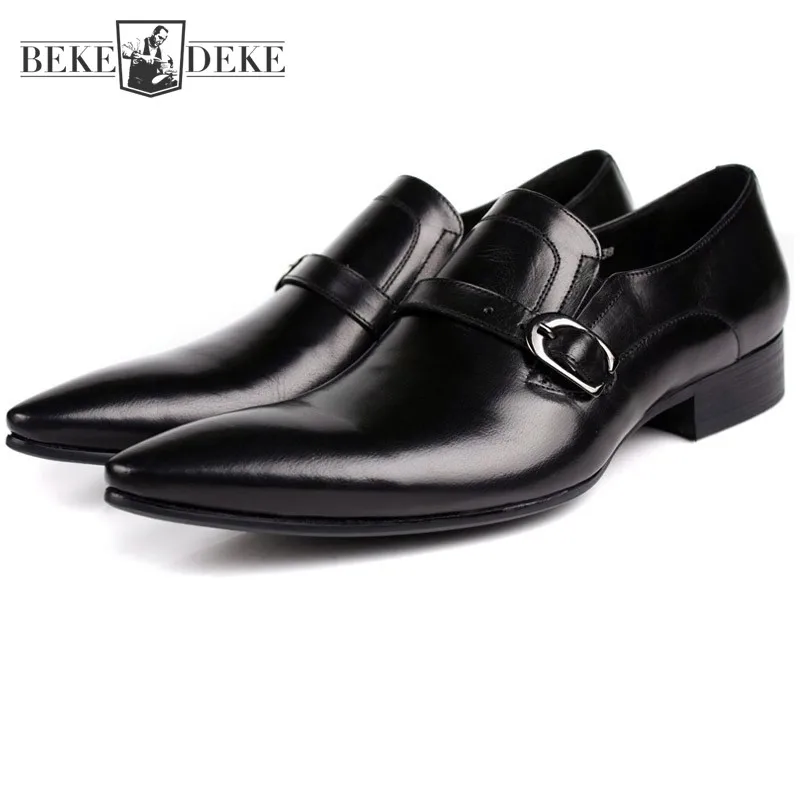 

Men Work Genuine Leather Formal Shoes Business Man Classic Slip On Loafers Pointed Toe Block Low Heel Wedding Party Dress Shoes