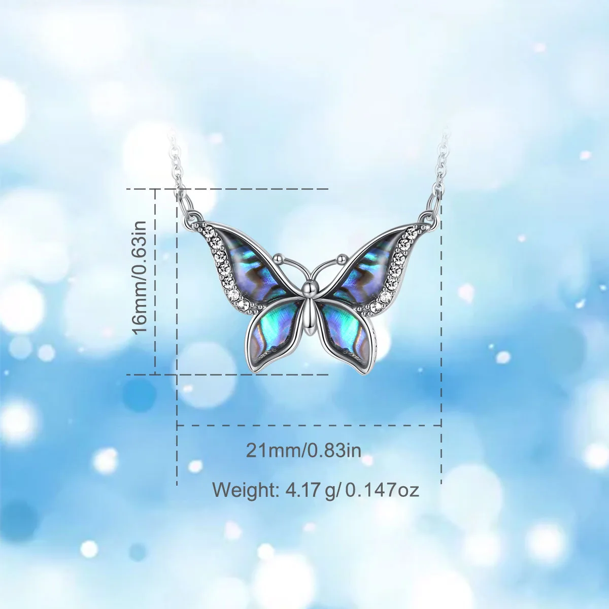 Eudora Real 925 Sterling Silver Abalone Shell Blue Butterfly Crystal Necklace Pendant FIna Fashion Jewelry Gift for Women 040