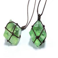 Natural Emerald Crystal Pendant Healing DT Gemstone Wand Reiki Green Fluorite Wrap Braid Necklace Yoga Macrame for Men Women