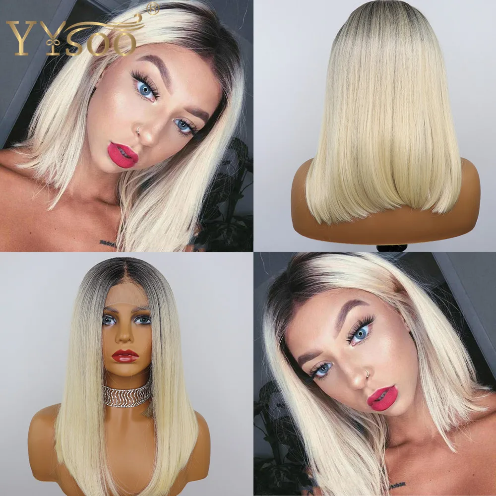 YYsoo13x4 Two Tone Ombre Futura Synthetic Lace Front Wigs Natural Hairline Glueless Blonde Straight Wigs For Women Dark Roots