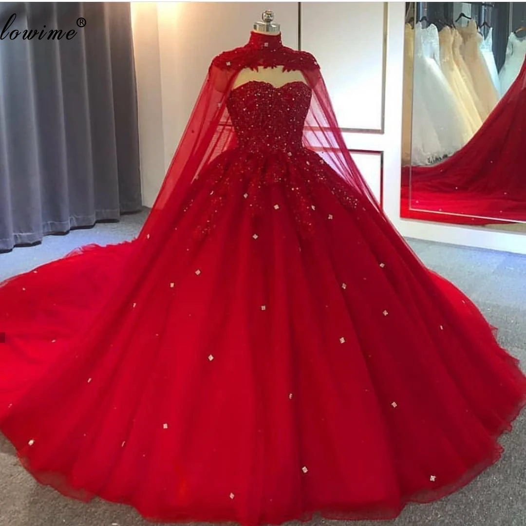 Vestido de casamento dubai muçulmano, vermelho, linha a, cristais, plus size, com capa, lindo, noivas, personalizado