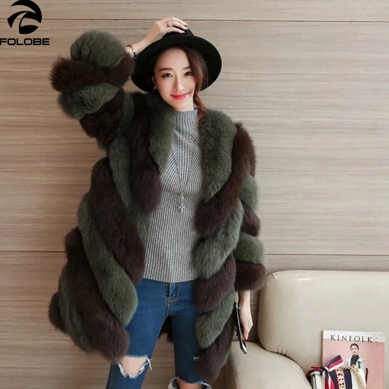 

FOLOBE 2020 Winter Fashion 2 Colors Patchwork Women Faux Fur Coat Artificial Fox Fur Mid-Long Female Overcoat Plus Size 4XL