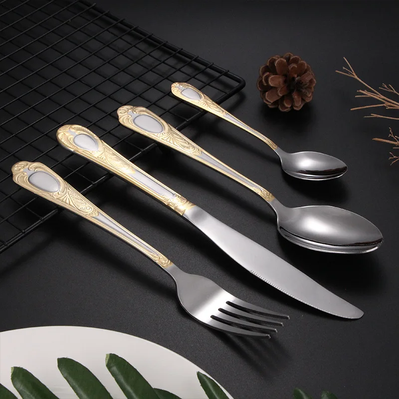 Dropshipping Stainless Steel Dinnerware Vintage Carved Tableware Western Dinner Spoons Forks Knife Hotels Home Kitchen Utensils