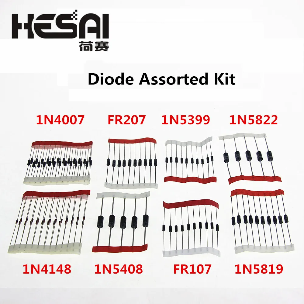 1N4007 1N4148 1N5819 1N5399 1N5408 1N5822 FR107 FR207,8values=100pcs,Electronic Components Package Diode Assorted Kit