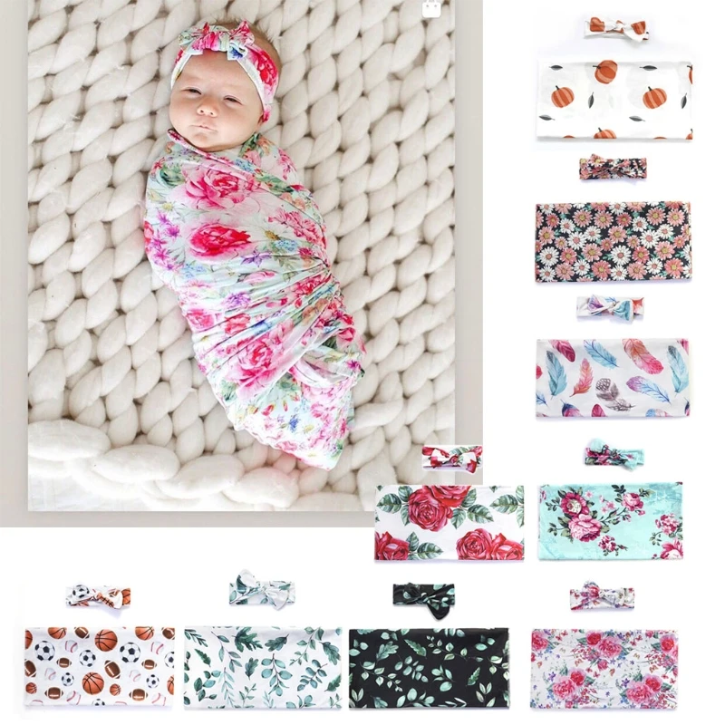 Newborn Photography Prop Baby Blankets Printed Infant Boys Girls Sleeping Swaddle Muslin Wrap Headband Set