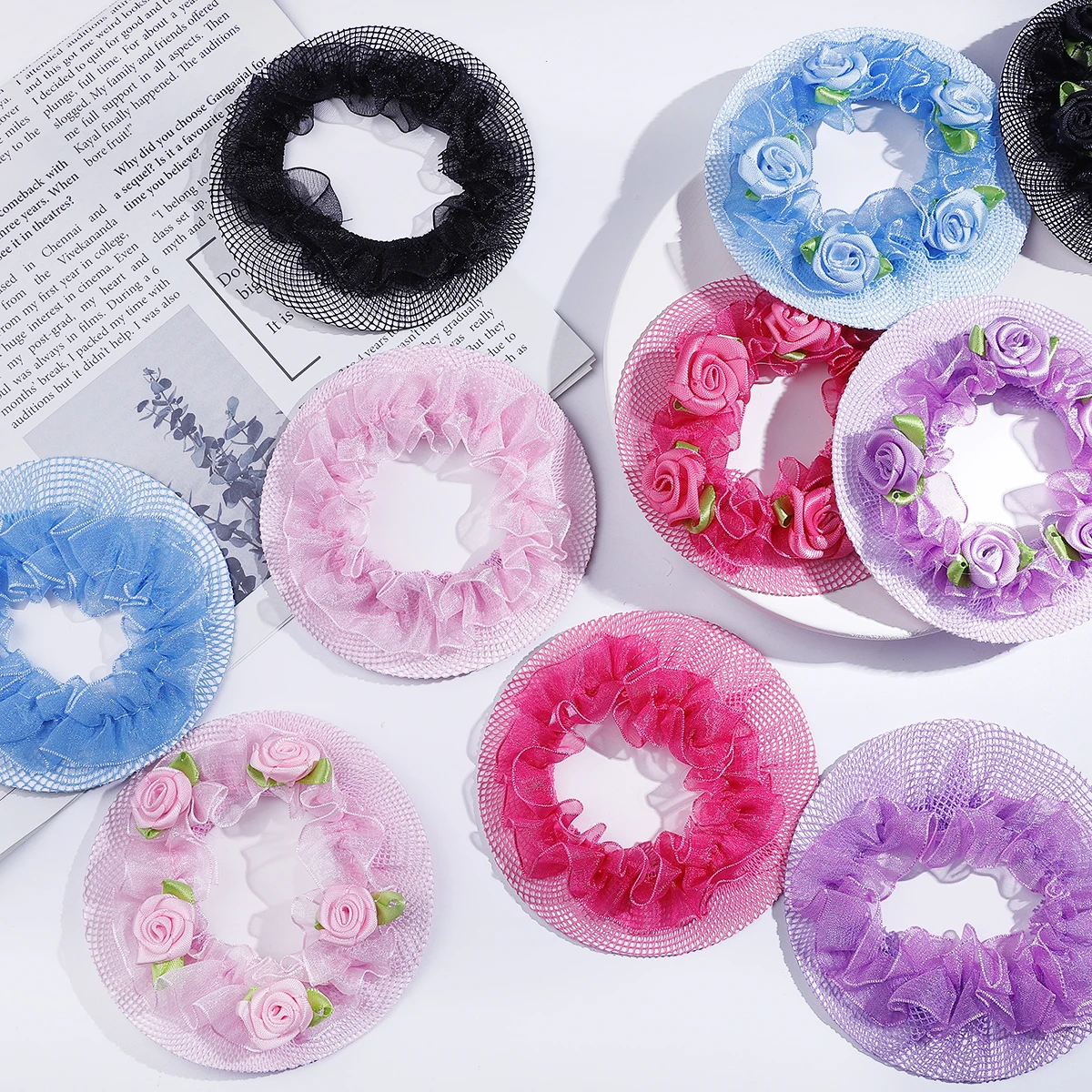 8.5cm Cute Flower Girls 2-5Pcs Bun Hair Nets Adjustable Kids 5 Colors Ballet Dance Examination Elastic Hair-net Styling Braider