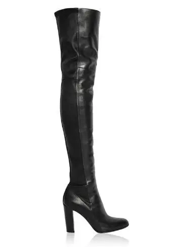 Plain Leather Black Thigh High Boots Square Heel Round Toe Zip Over Knee High Boots Autumn Shoe Fashion Motorcycle Booties Women