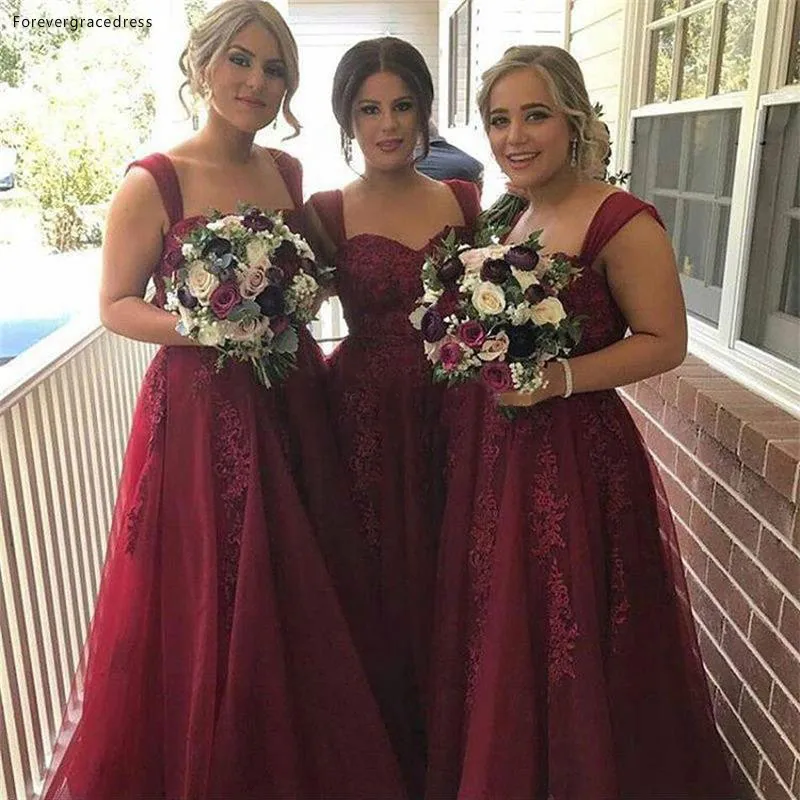 

Burgundy Country Bridesmaid Dress A Line Sleeveless Appliques Backless Long Formal Maid of Honor Gown Plus Size Custom Made