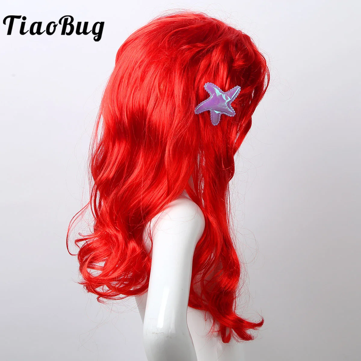 Kids Girls Princess Dress up Red Wigs Hair with Starfish Hair Clip Headwear Halloween Anime Cosplay Costume Mermaid Accessories