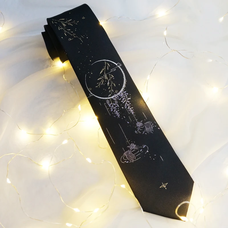 Free Shipping New Men\'s Male Black Necktie Original Design [Goldfish Wisteria] Bronzing Silver Black Tie Moon Student Party Tie