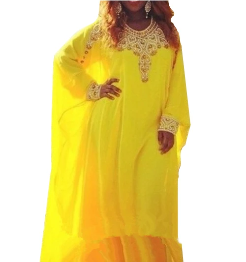 

Evening Robe De Soiree Arabic Dubai 2025 New Fancy Long Sleeves O Neck Yellow Chiffon Abaya Custom mother of the bride dresses