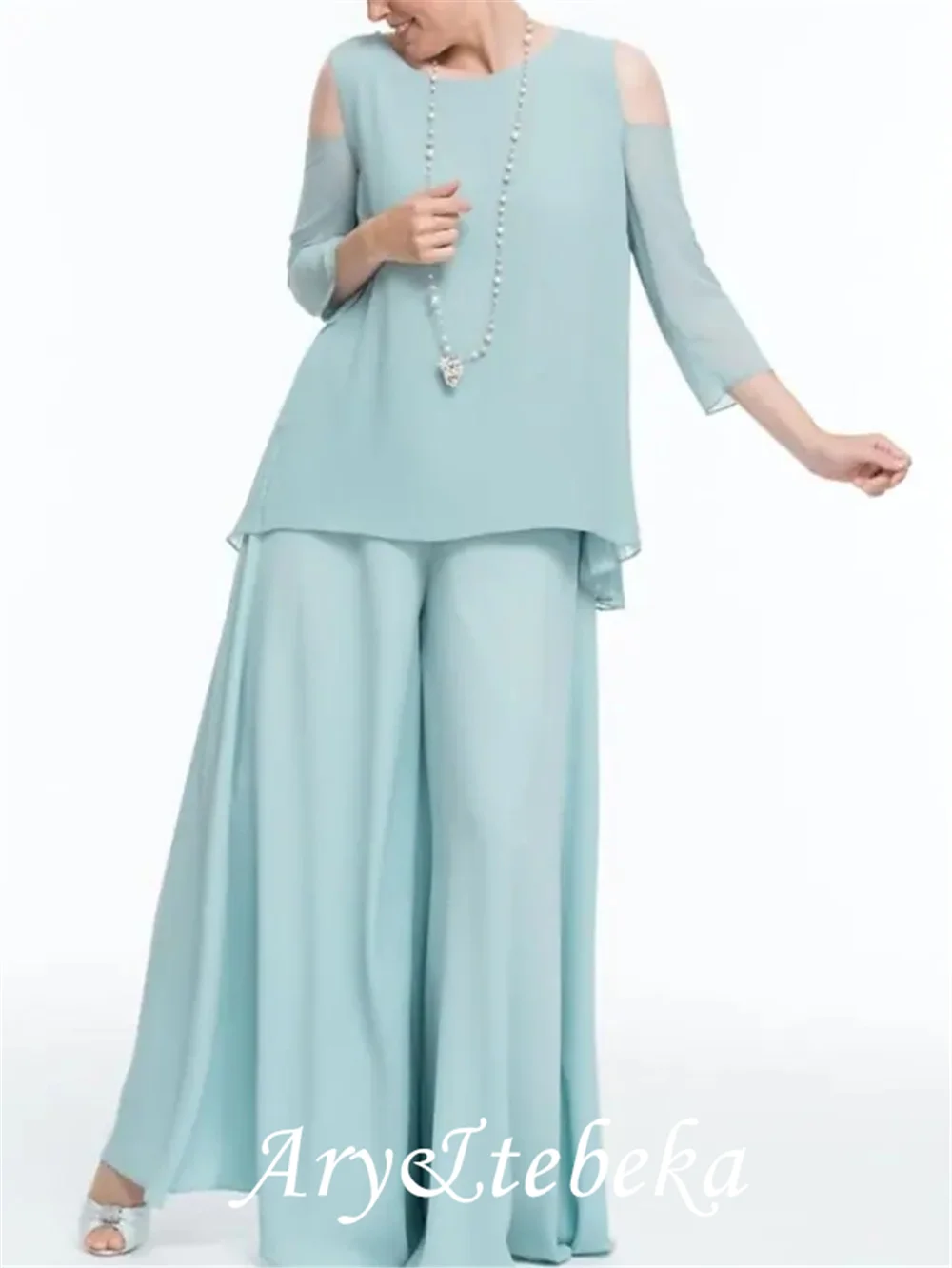 Pantsuit/macacão mãe da noiva vestido elegante jewel neck até o chão chiffon 3/4 comprimento manga com ruching 2021