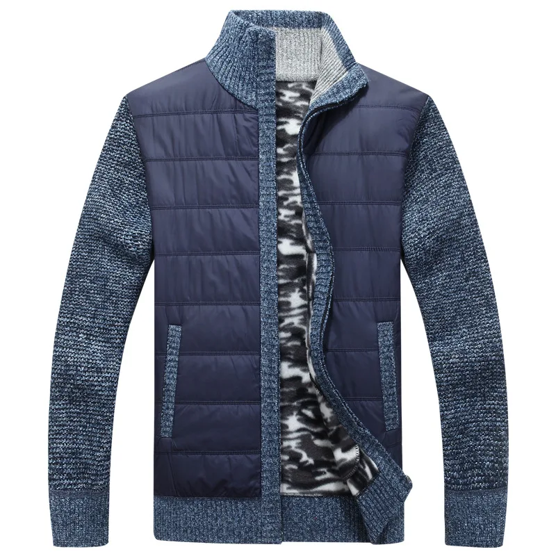 Winter Men\'s Fleece Sweater Coat Thick Patchwork Wool Cardigan Muscle Fit Knitted Jackets Fashionable Male Clothing for Autumn