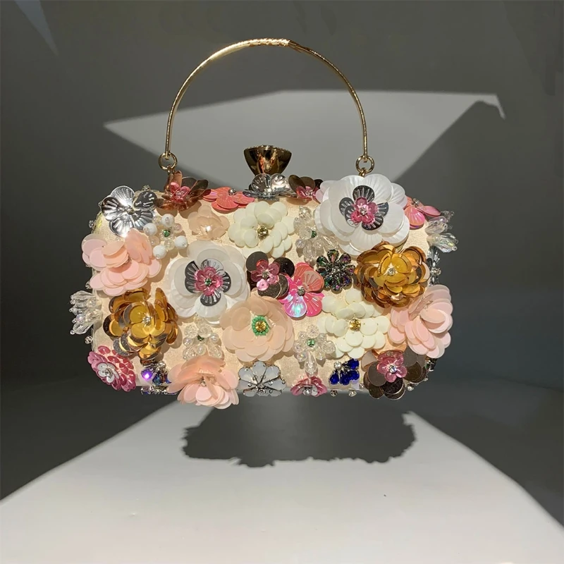 Beaded Floral Evening Clutch Women Fashion Banquet Handbag Elegant Party Prom Shoulder Bag Female Metal Chain Crossbody Purse