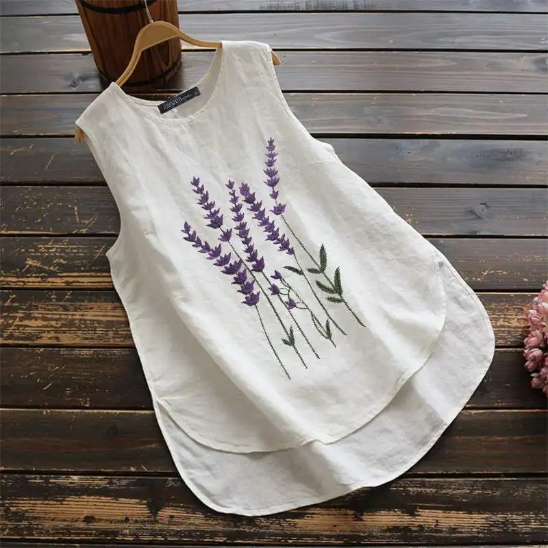 Women\'s Embroidery Tops 2023 ZANZEA Stylish Summer Tank Blouse Casual Sleeveless Floral Blusas Female Asymmetrical Tunic