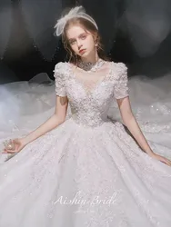 Off White Princess Wedding Dresses Luxury Appliques Lace Beading High Neck Short Sleeve Elegant Wedding Bridal Gown 2024