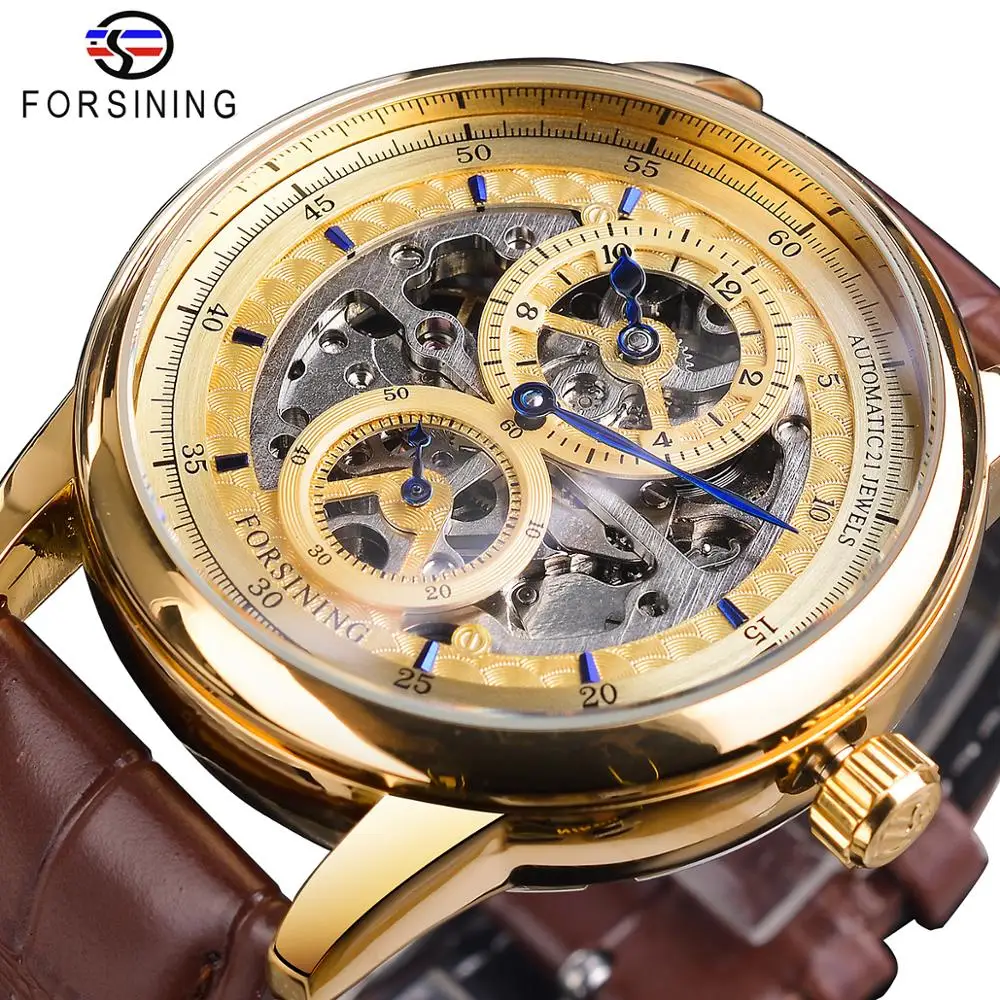 Forsining Golden Skeleton Dial Automatic Watch Brown Genuine Leather Band Waterproof Luxury Top Brand Business Mechanical Watch