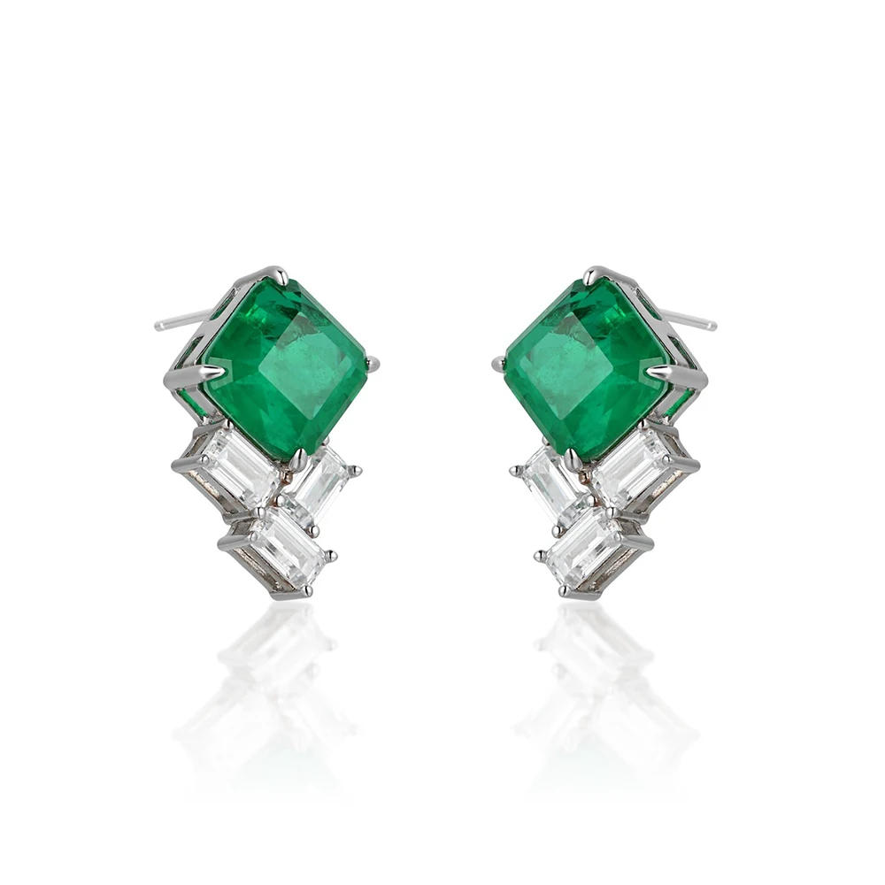 Original Design 925 Sterling Silver Geometric Synthesis Emerald Cubic Zirconia Stud Earrings for Women S925 Emerald Earrings