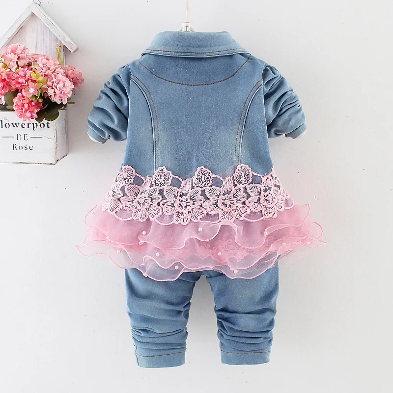 6 m-4 T bahar sonbahar bebek bebek kız Denim giyim setleri 3 adet uzun kollu T gömlek elbise Tops denim ceket ve kot pantolon