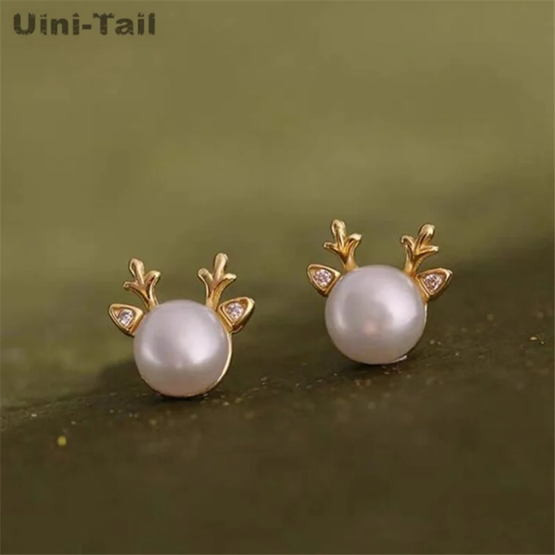 Uini-Tail hot selling new 925 Tibetan silver freshwater pearl elk Christmas stud earrings trend dynamic and versatile JK246