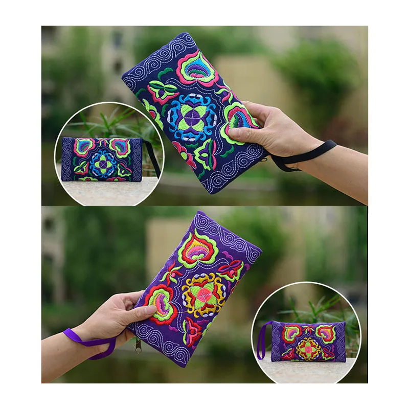 Women Vintage Ethnic Floral Embroidered Coin Clutch Long Wallet Durable Coin Purse Card Holder Portable Handbags 20*0.5*11CM