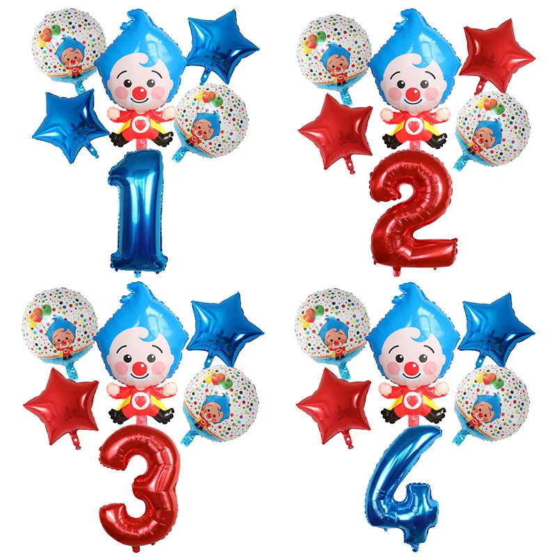 6Pcs Cartoon Clown Number Balloons Set Plim Star Air Globos Kids Toys Gifts Home Birthday Party Decorations Baby Shower Supplies