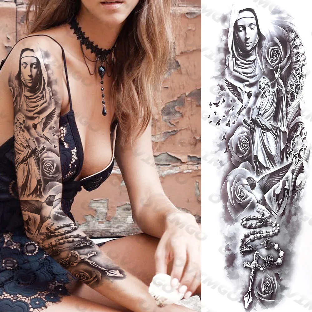 Angel Full Arm Temporary Tattoos Sleeves For Women Men Adults Realistic Dove Rose Clock Fake Tattoo Sticker Washable Tatoos Show