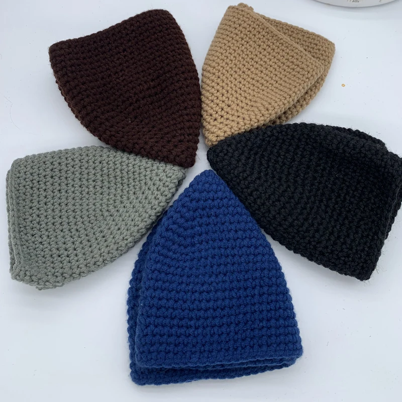 Handmade Knitted Men Muslim Prayer Hats Men\'s Skull& Beanies Cap Islamic Ramadan Headwear Jewish Kippah Homme Hat Arab male Cap