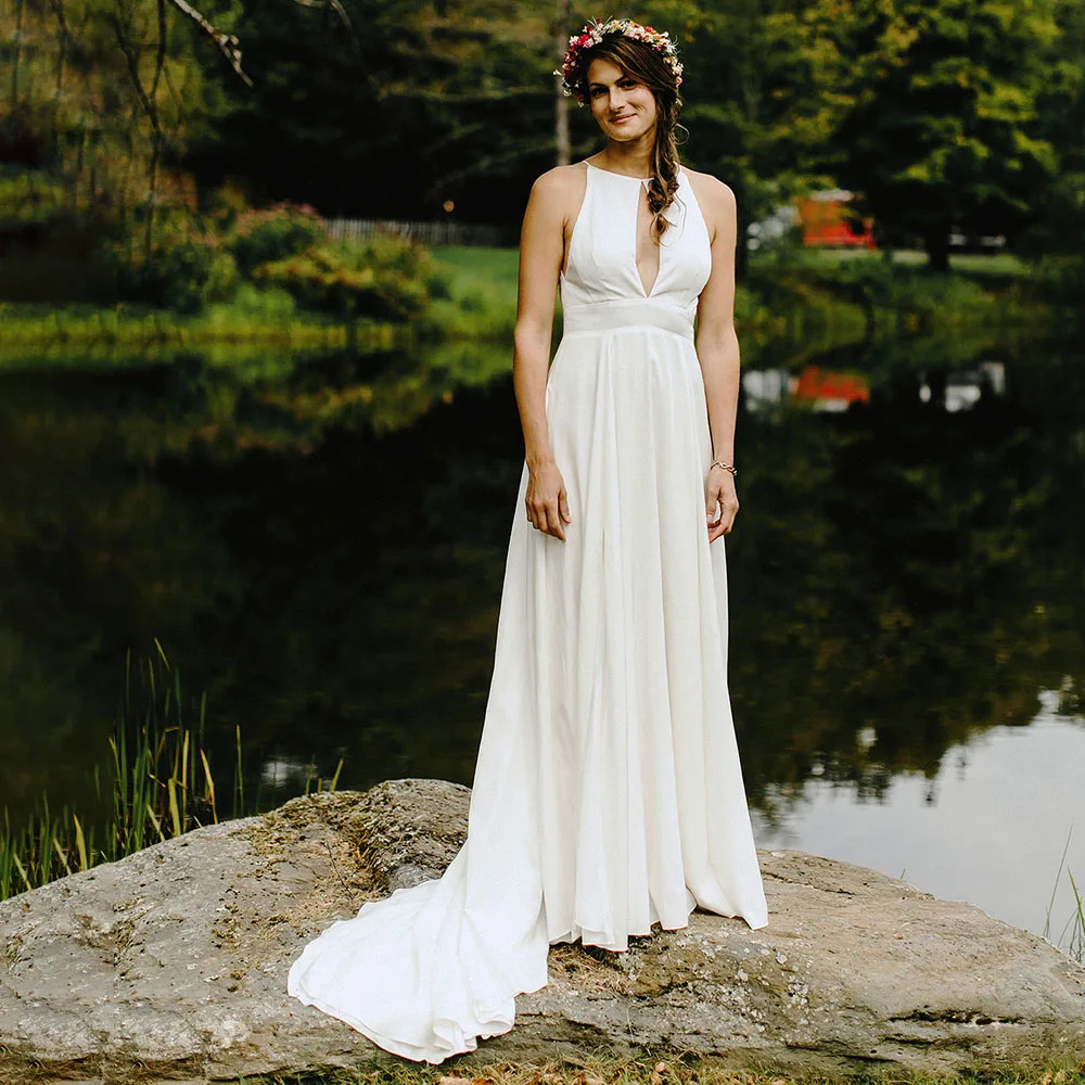 Robe de mariée en mousseline de soie, style Boho, avec traîne à balayage, sur mesure, trou de serrure, ivoire, blanc cassé, grande taille, Simple, dos nu