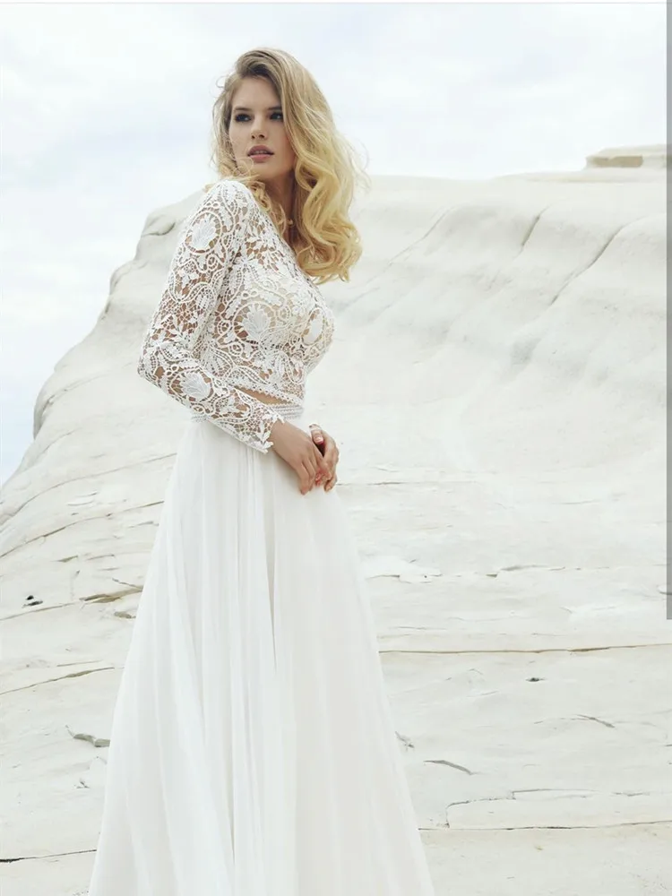 Elegant Beach Wedding Dress Lace Appliques Chiffon Stain Full Sleeves Tulle Cut-Out Design O-Neck Boho Bride Robe De Mariée