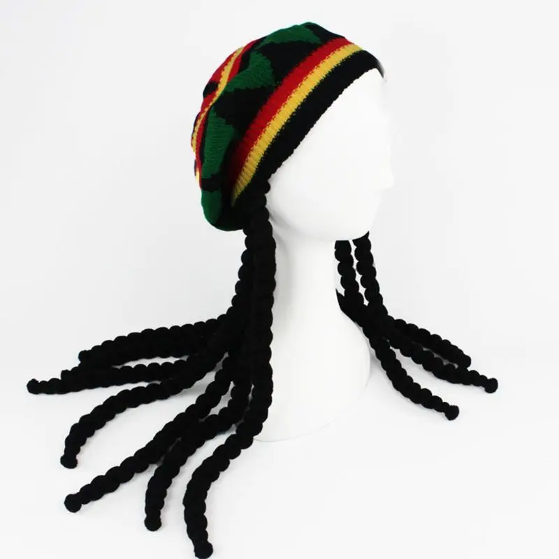 Men Women Novelty Dreadlocks Wig Hat Reggae Jamaican Style Crocheted Knitted Beanies Long Black Hair Halloween Beret Cap