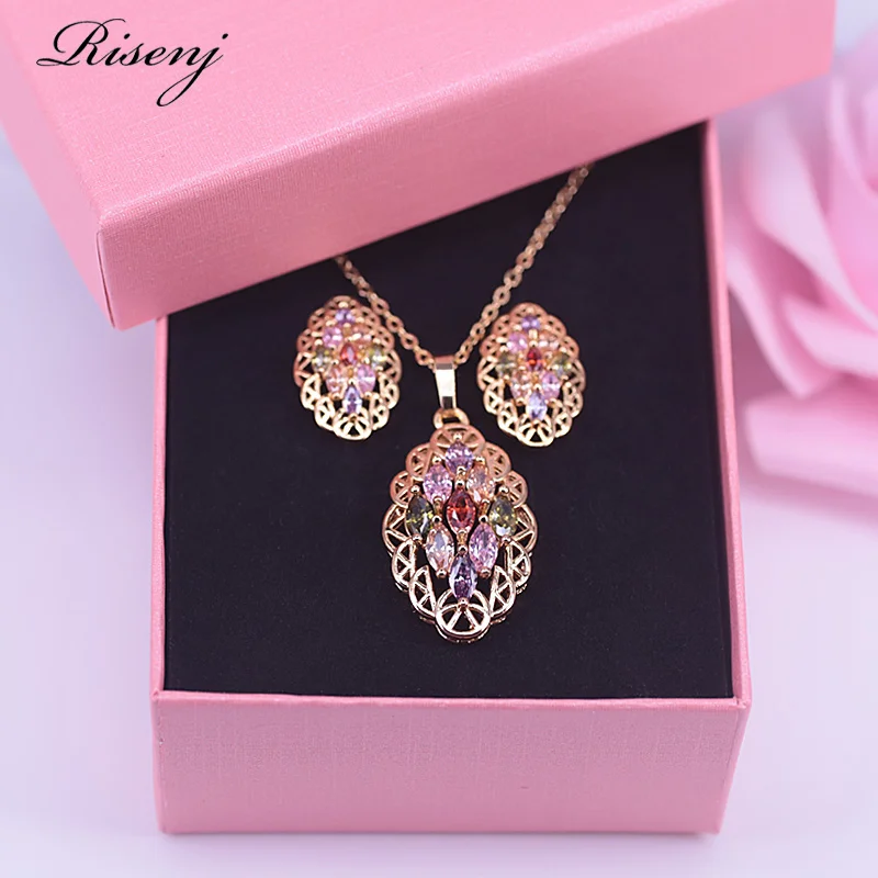 Marquise Top Zircon Colorful Crystal 18K Gold Jewelry Set For Women Stud Earrings Necklace Set Free Shipping