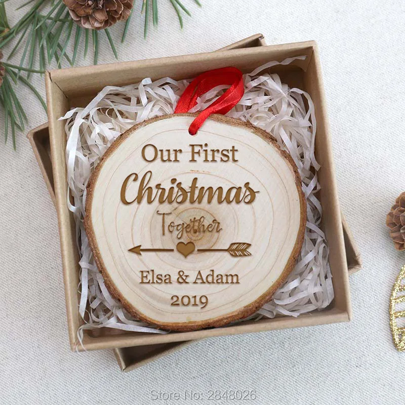 Custom wooden slices Couple First Christmas Ornament,Personalized engraved Christmas Ornament,Custom Rustic Arrow Ornament Ball