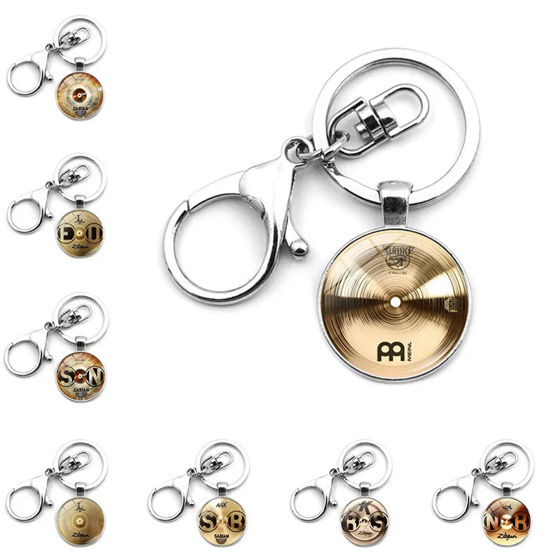 WG 1pc DJ Drummer Drum Set Glass Ball Keychain Keyrings Pendant Metal Cabochon Keyring Lobster Clasp Pendant Jewelry