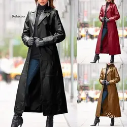 Woman Coat Long Leather Jacket  Autumn Casual Loose Button Solid Long Trench Coats Steampunk Gothic Lapel Biker Jacke