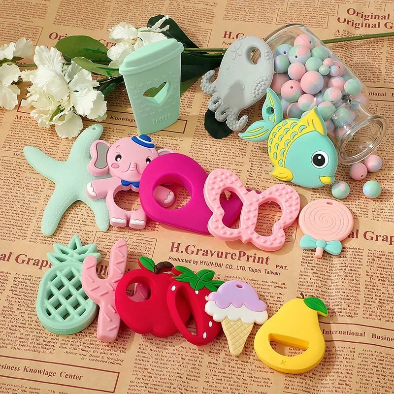 TYRY.HU 10Pcs Silicone Teether BPA Free Baby Teething Necklace Food Grade Infant Chewable Toys Cartoon Animal Baby Teether