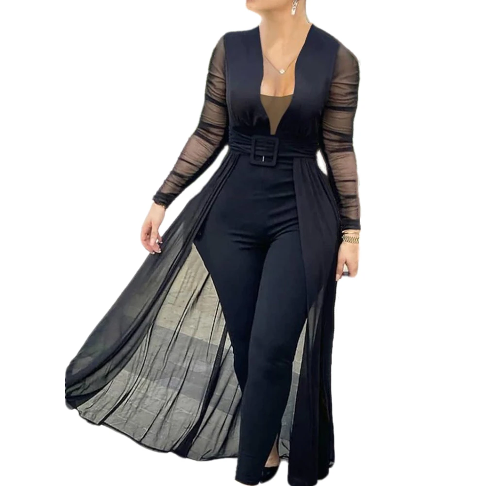 Women Summer Deep V-Neck High Waist Long Sleeve Mesh Pacthwork Wide Leg Pant Jumpsuit Romper