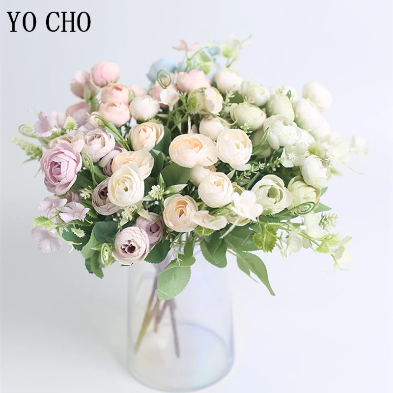 YO CHO Artificial Flower Silk Rose Bunch 5 Fork 10 Heads Fake Tea Rose Wedding Girl Mini Bouquet Flower Home Party Wedding Decor