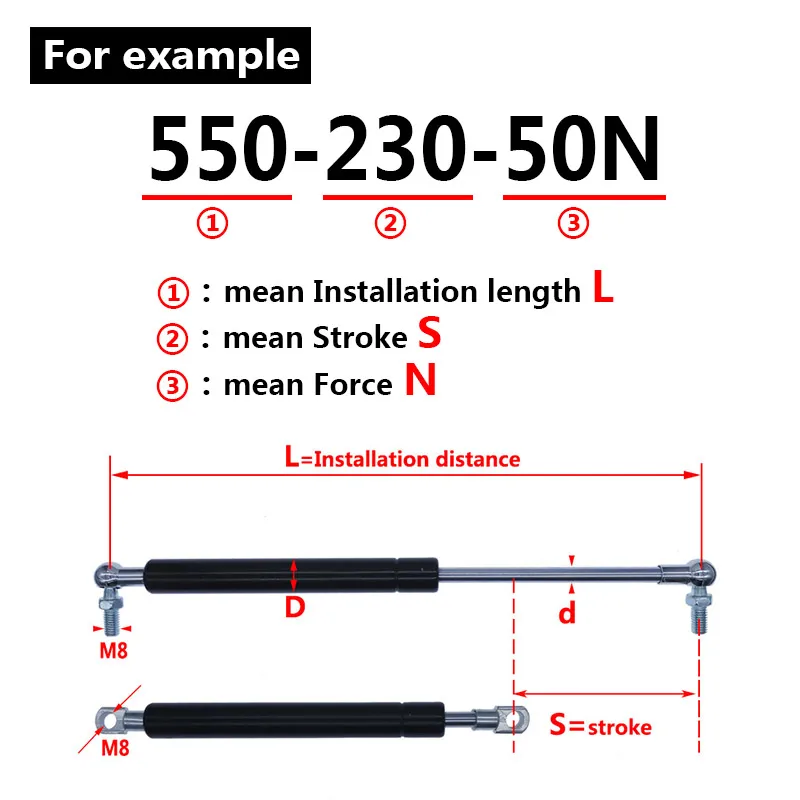 18*8 Rod Gas spring folding hinge 50N-500N/5kg-50kg Force lift support Stroke distance 230mm Hole Center Distance 550mm