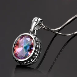 S925 Silver Oval Rainbow Pendant Necklace Ladies Handmade Fine Jewelry Gifts Wholesale