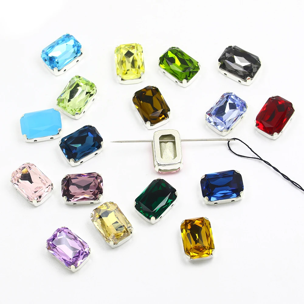 Rectangle K9 Glass Sew On Crystal Octagon Loose Flatback Rhinestones With Silver Claw Diy Colorful Gems For Needlework Clothes