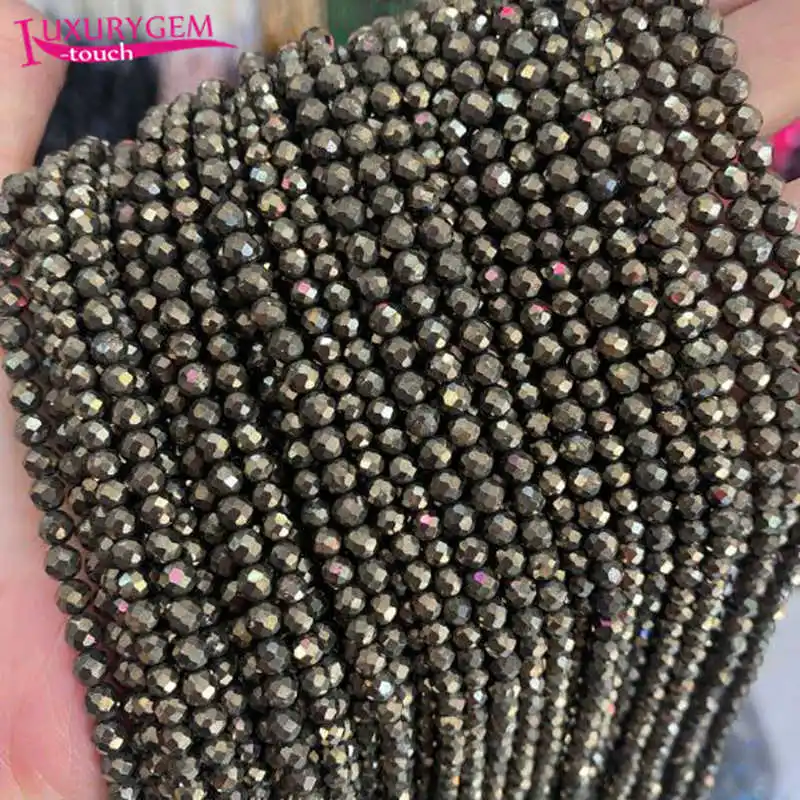 Natural Pyrites Stone 2/3/4mm Faceted Round Shape Loose Spacer Beads Bracelet Necklace Jewelry Accessory 38cm b148