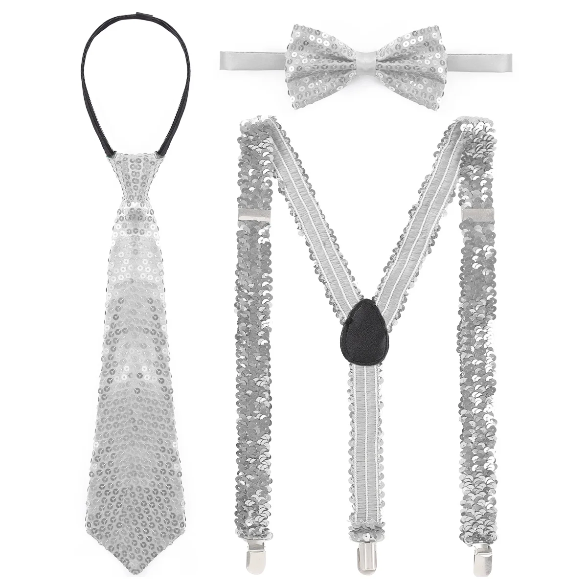 Womens Shiny Sequins Detachable Accessories Elastic Y Shape Braces Pants Suspenders Shoulder Straps with Necktie and Bow Tie