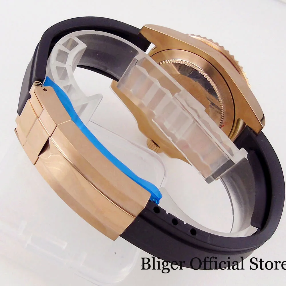 BLIGER NH36A WEEKDAY Date Rose Gold Coated Selfwinding Men Watch Flat Sapphire Glass Rubber Band Black Insert