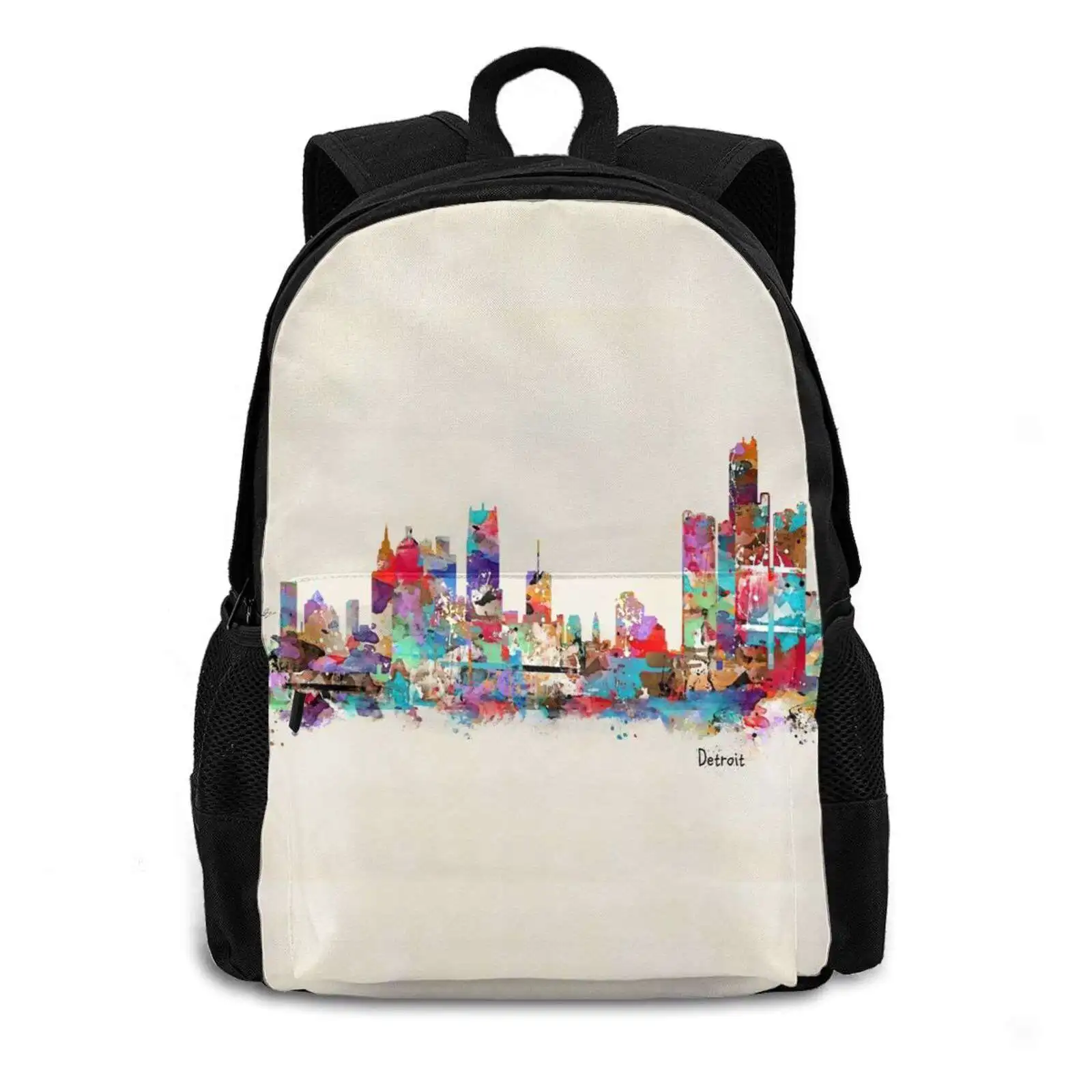 Detroit Skyline Watercolor 424D Print Design Backpack Student Bag Detroit Skyline Detroit Cityscapes Colorful Skylines