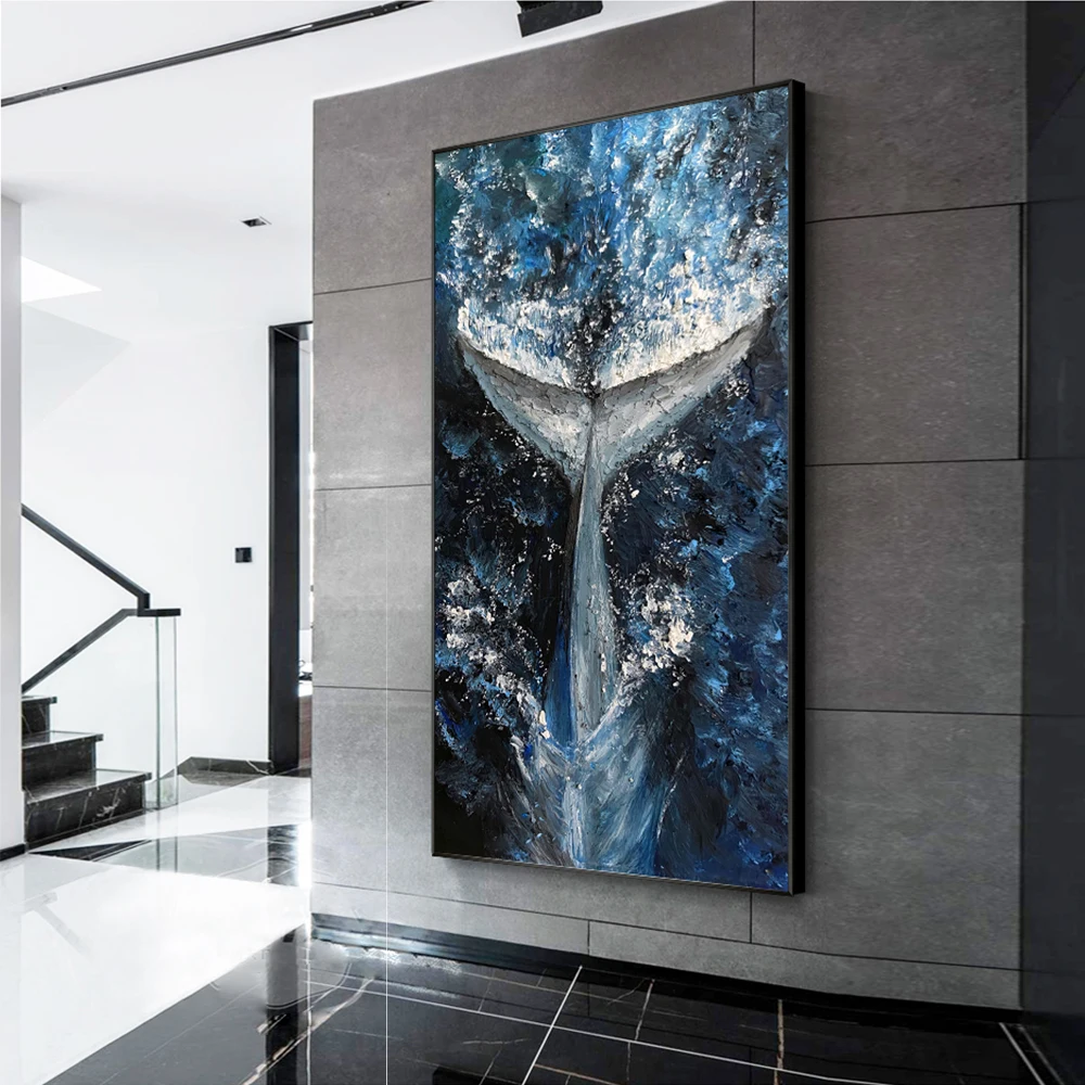 Abstract Dark Blue Canvas Painting for Home Decor, Hand Painted Wall Art, Abstract Whale Ocean Painting, Living Room Decoration