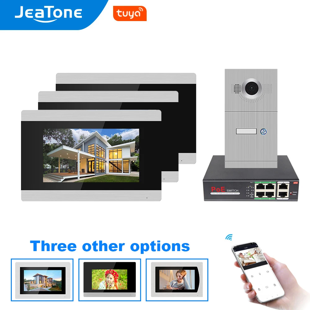 

JeaTone 720P WIFI IP Video Door Phone Intercom System 3pcs monitors for 1pcs out doorbell support iOS/Android APP Remote Unlock